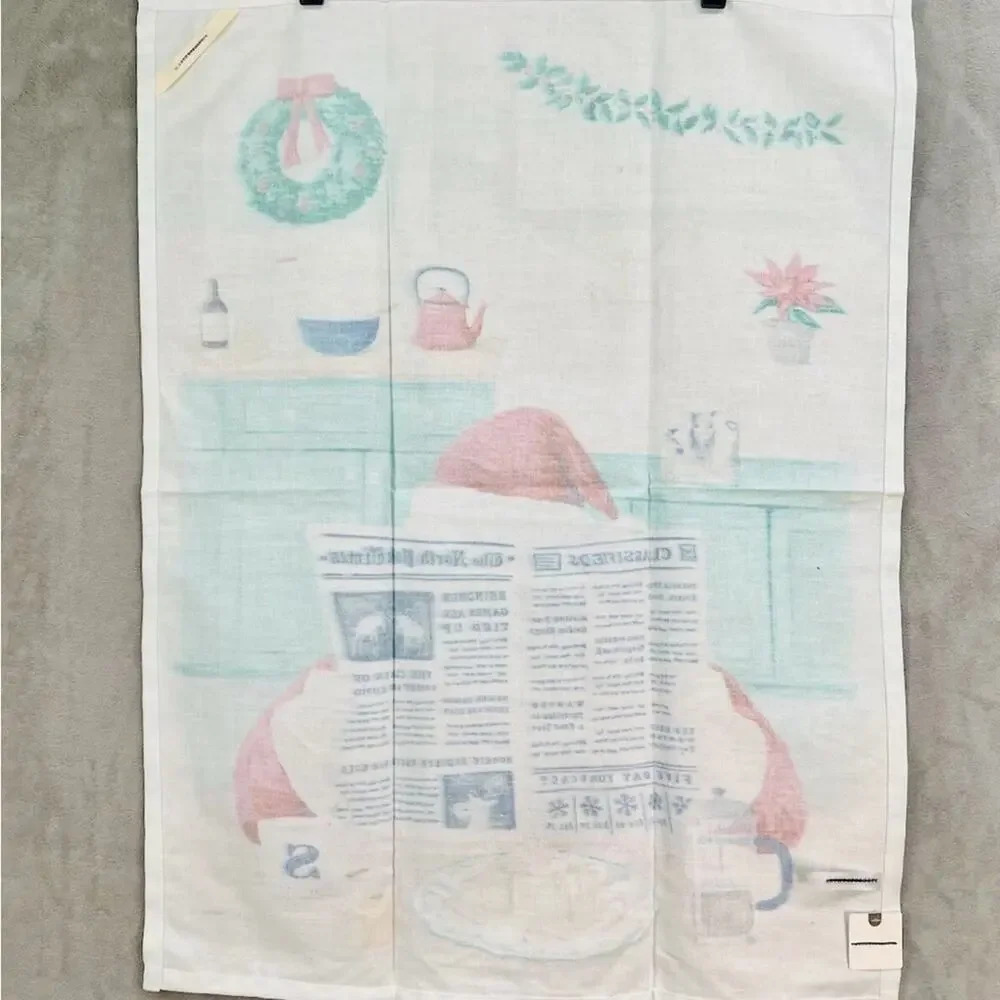 NEW ANTHROPOLOGIE Breakfast With Santa $38 Kitchen Tea Towel Christmas Holiday